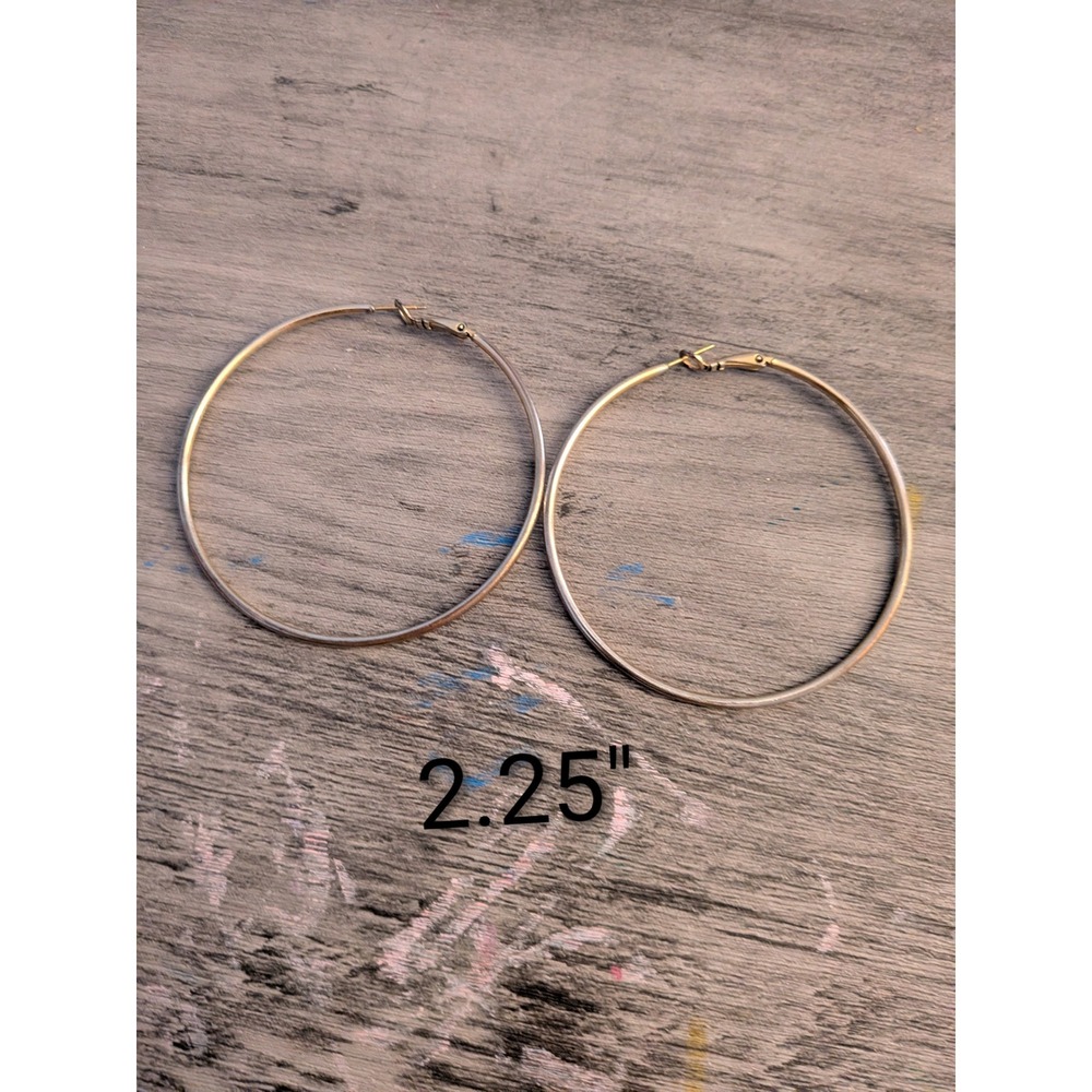 Gold Tone Large Hoop Earrings 2.25 Inch Round Latch Back Circular Jewelry